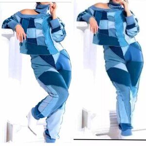 AKIRA 2-Pc Set Off Shoulder Sweater Top & Joggers Denim Patchwork 2X Blue